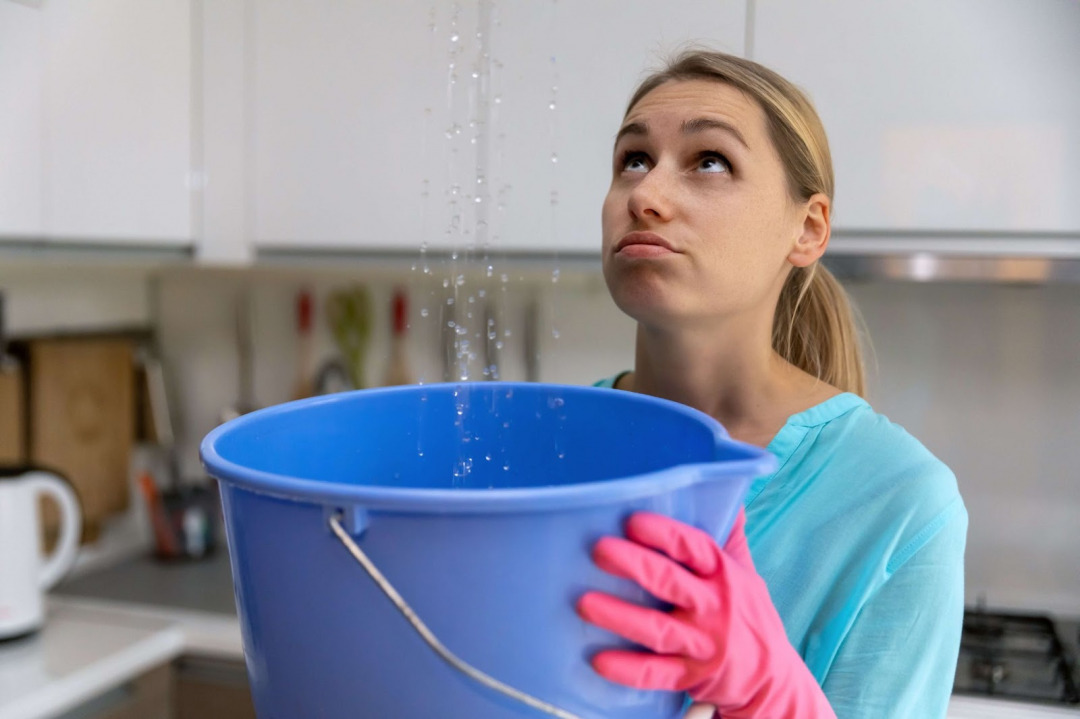 A roof leak drips water into a homeowners bucket